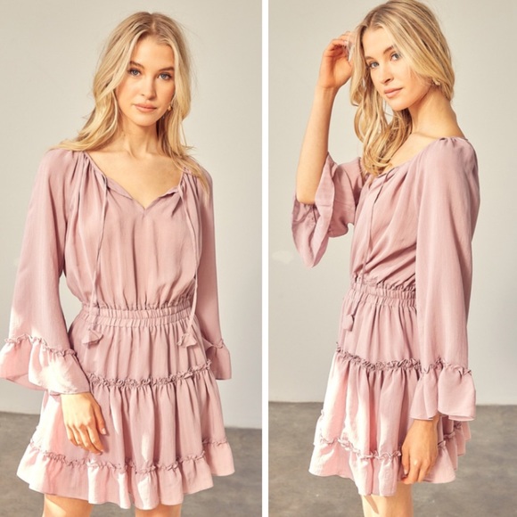 Dresses & Skirts - Adorable Baby Pink Long Sleeve Pink Tiered Mini Dress